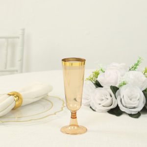 12-Pack Plastic Champagne Flutes 5oz Amber Gold with Gold Rim