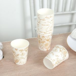 24-Pack Paper Cups 9oz White with Gold French Toile Print