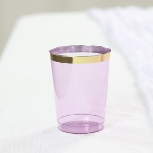 25-Pack Plastic Tumbler Cups 10oz Transparent Purple with Gold Rim